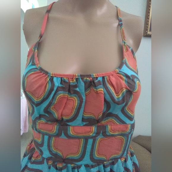 BNWOT UNIQUE BOUTIQUE DRESS BEAUTIFUL BLUE, ORANGE & BROWN GEOMETRIC A-LINE - Picture 4 of 8